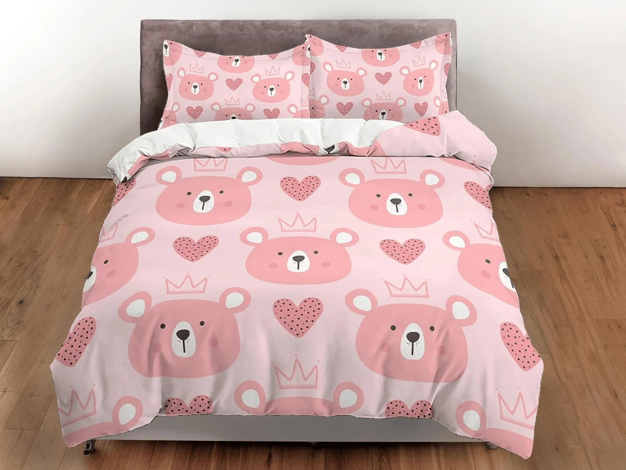 Cute princess bear pink girl toddler bedding, duvet cover for nursery kids, crib bedding, baby zipper bedding, king queen full twin