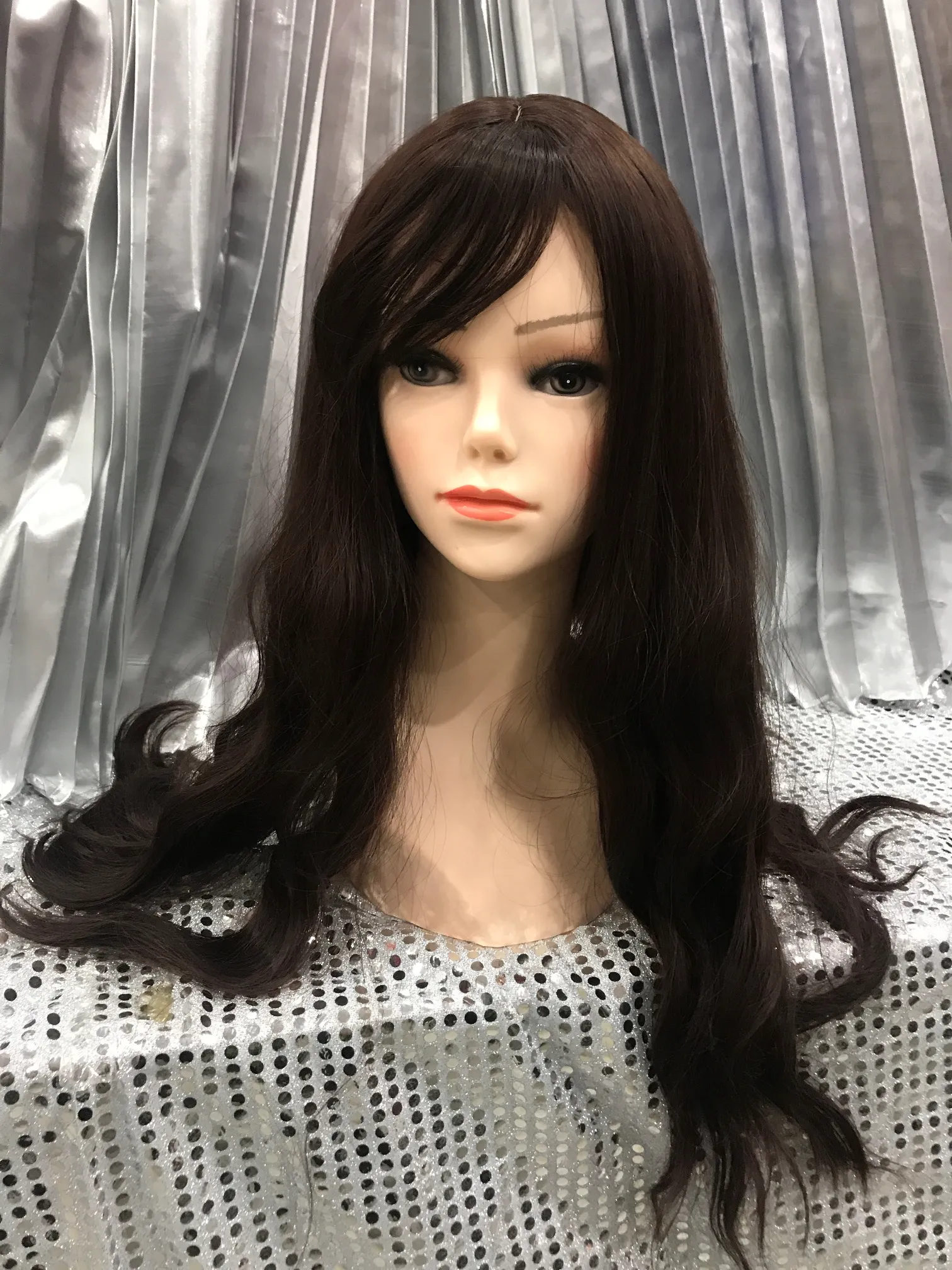 Dark Brown 24" Synthetic Wavy Wig With Soft Fringe