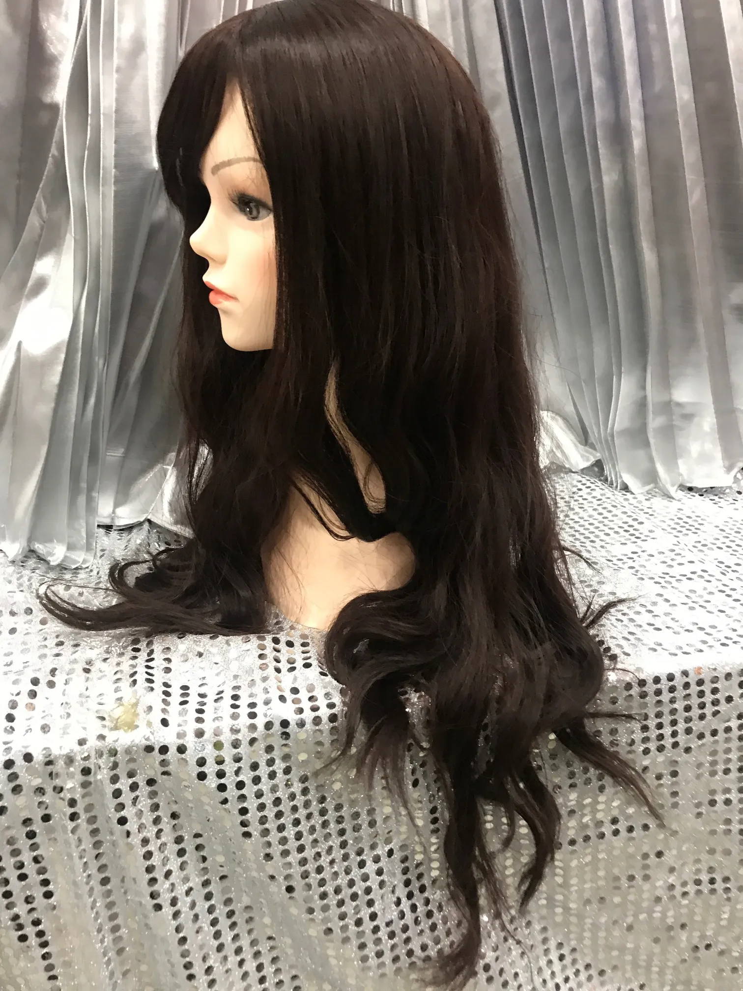 Dark Brown 24" Synthetic Wavy Wig With Soft Fringe