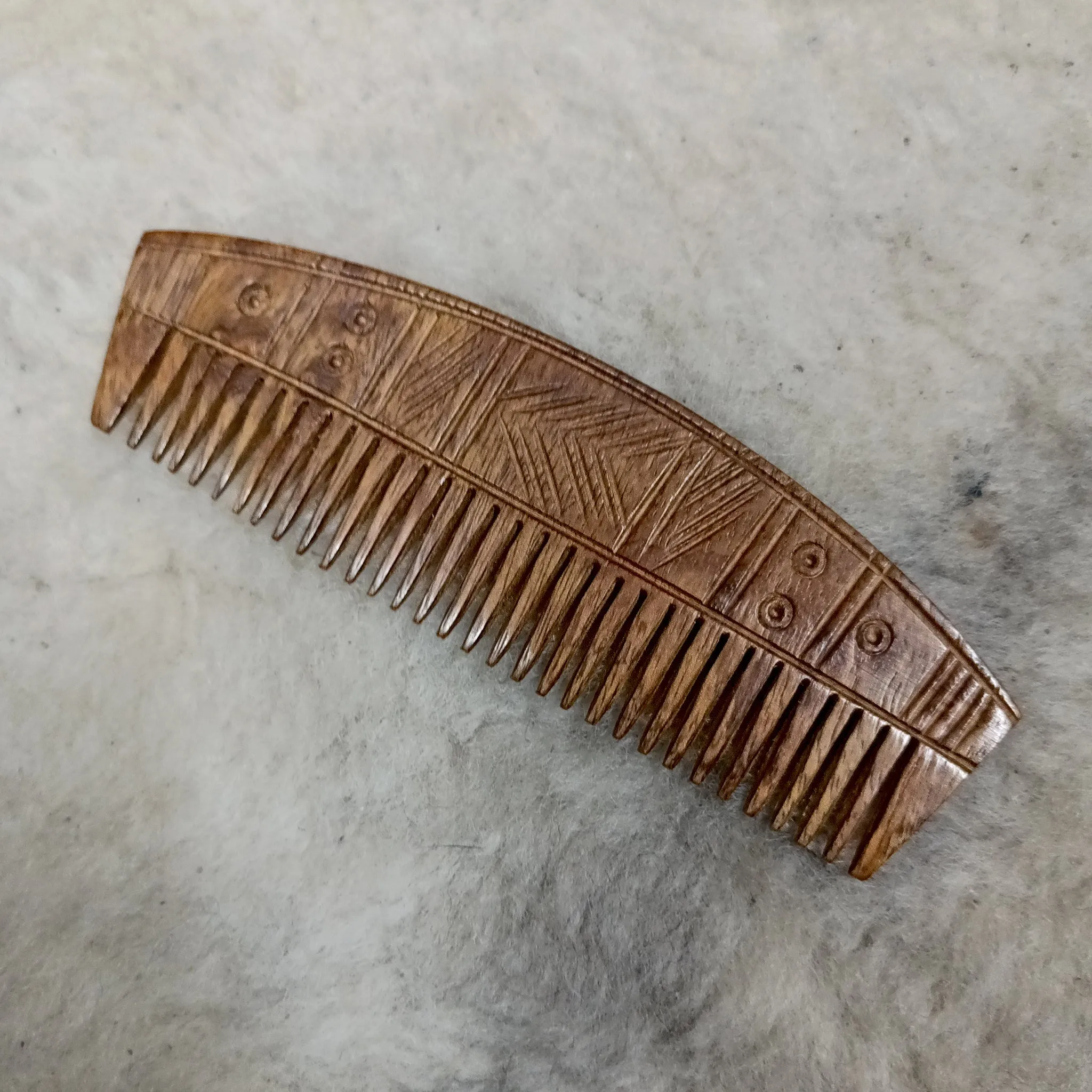 Decorated Wood Viking Comb with Curved Back