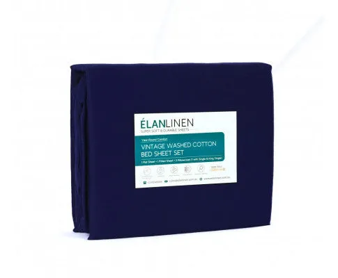 Elan Linen 100% Egyptian Cotton Vintage Washed 500TC Sheets Set - Navy