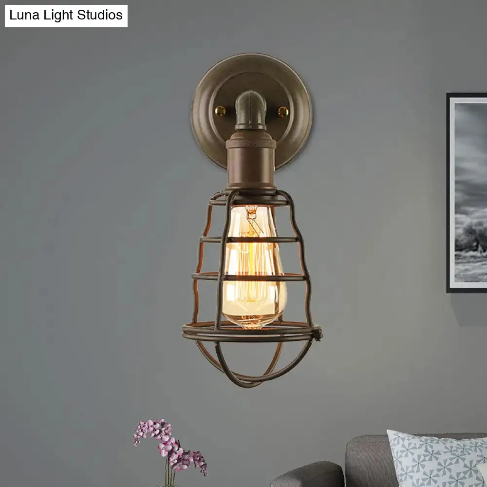 Farmhouse Rust Finish Mini Wall Lamp with Cage Shade - Antique Style Iron 1-Light Wall Mount Lighting