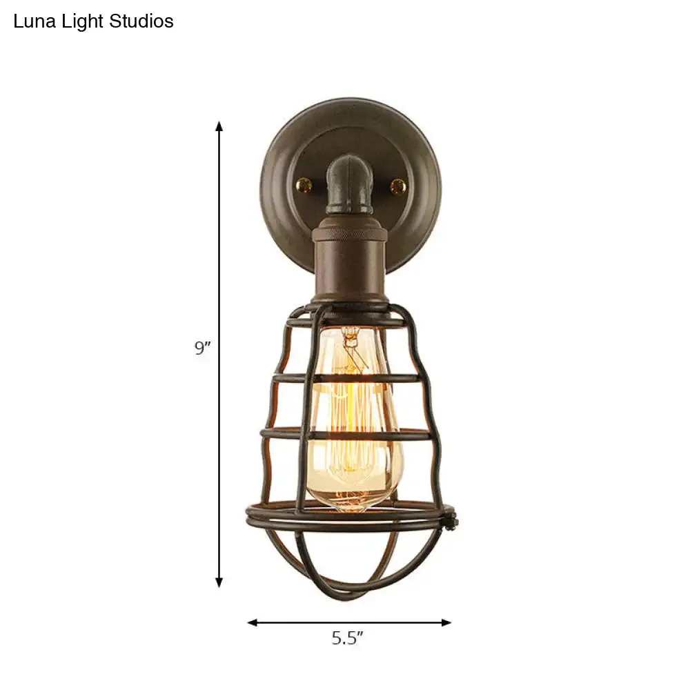 Farmhouse Rust Finish Mini Wall Lamp with Cage Shade - Antique Style Iron 1-Light Wall Mount Lighting