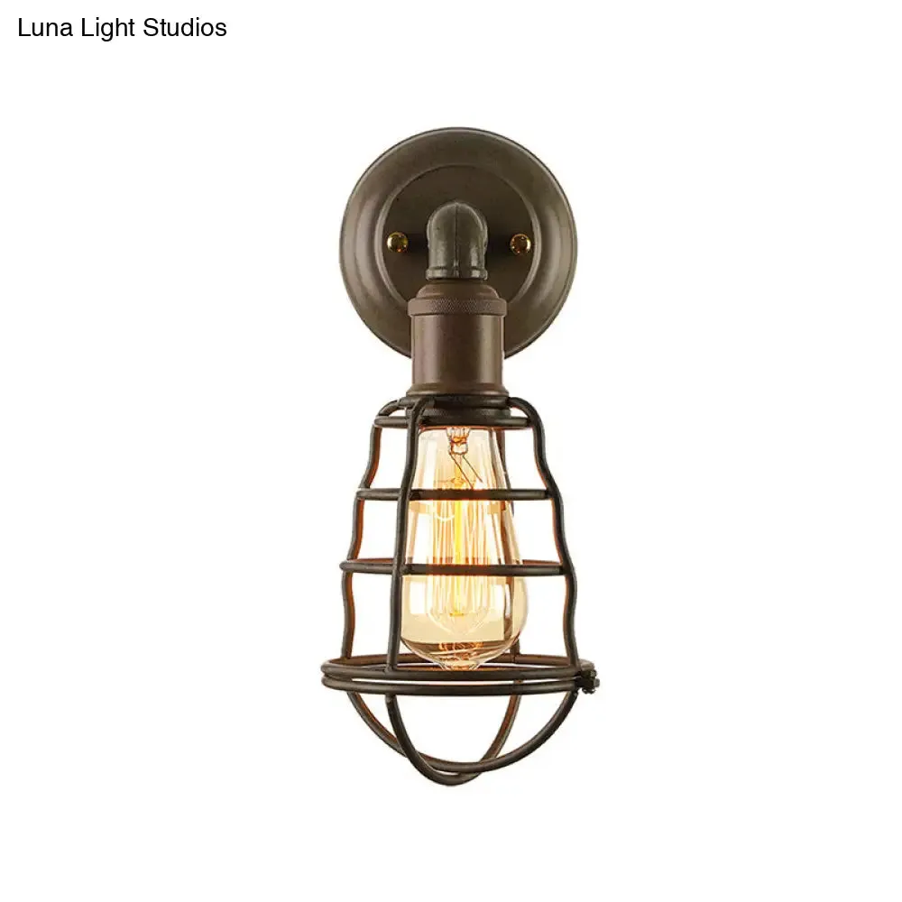 Farmhouse Rust Finish Mini Wall Lamp with Cage Shade - Antique Style Iron 1-Light Wall Mount Lighting