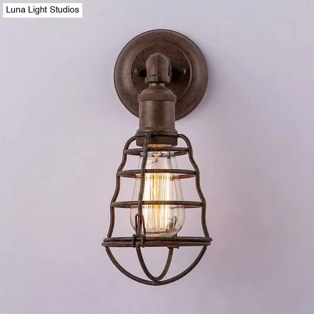 Farmhouse Rust Finish Mini Wall Lamp with Cage Shade - Antique Style Iron 1-Light Wall Mount Lighting