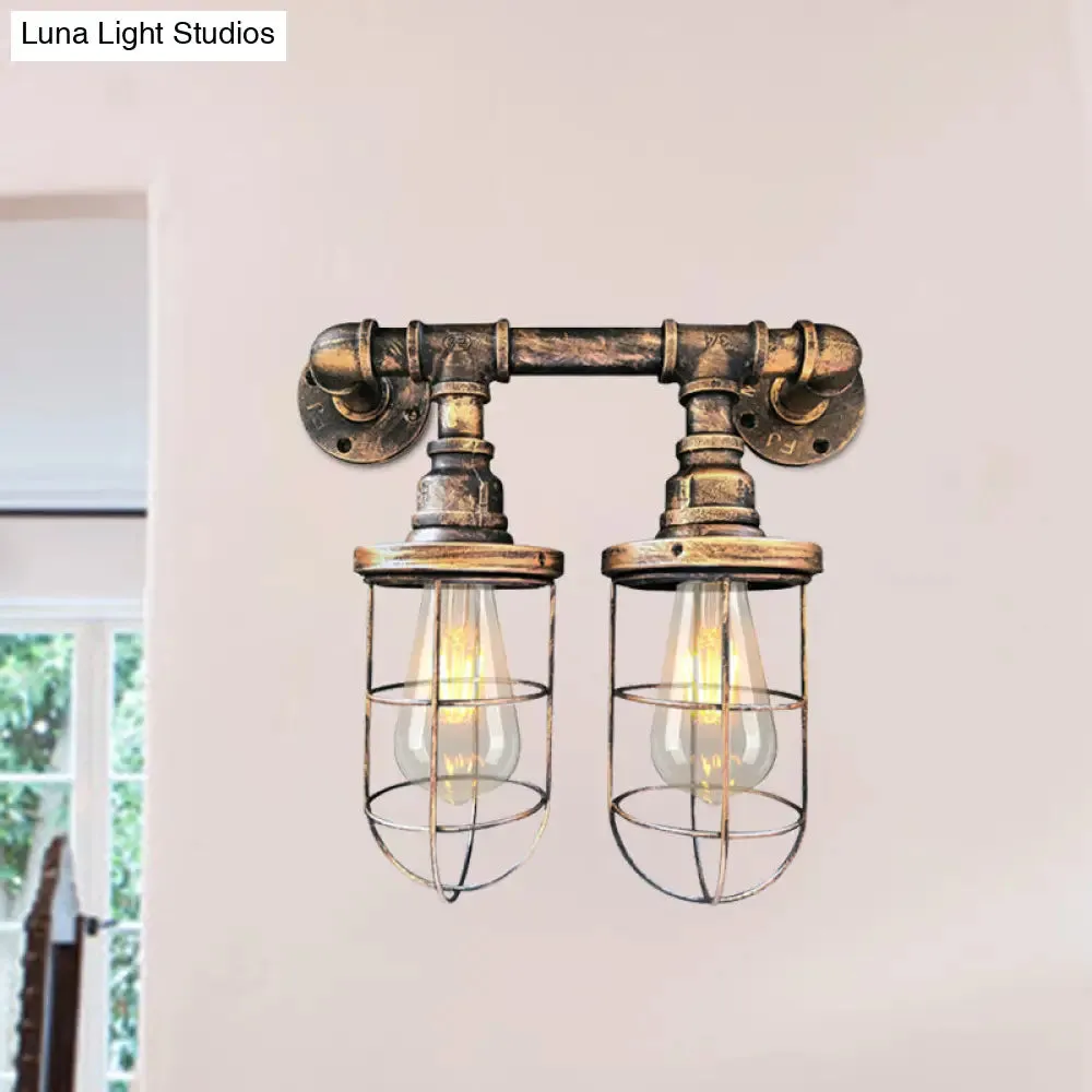 Farmhouse Wire Cage Sconce Light Fixture with 2 Bulbs - Coffee Shop Wall Mount Pipe Lamp in Black/Brass