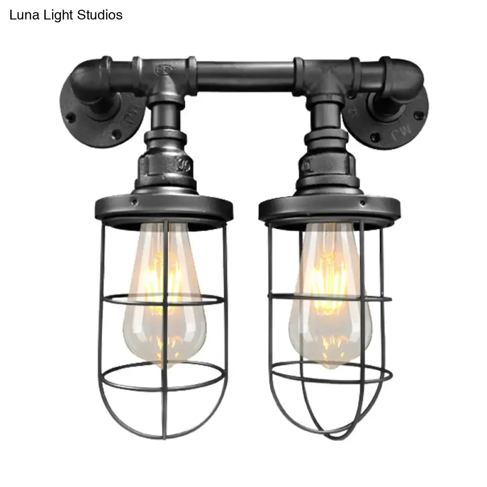 Farmhouse Wire Cage Sconce Light Fixture with 2 Bulbs - Coffee Shop Wall Mount Pipe Lamp in Black/Brass