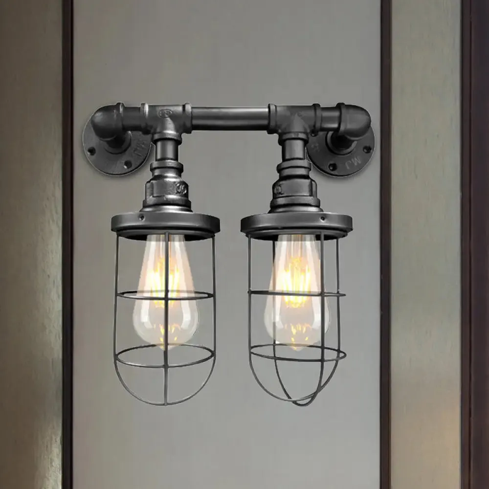 Farmhouse Wire Cage Sconce Light Fixture with 2 Bulbs - Coffee Shop Wall Mount Pipe Lamp in Black/Brass