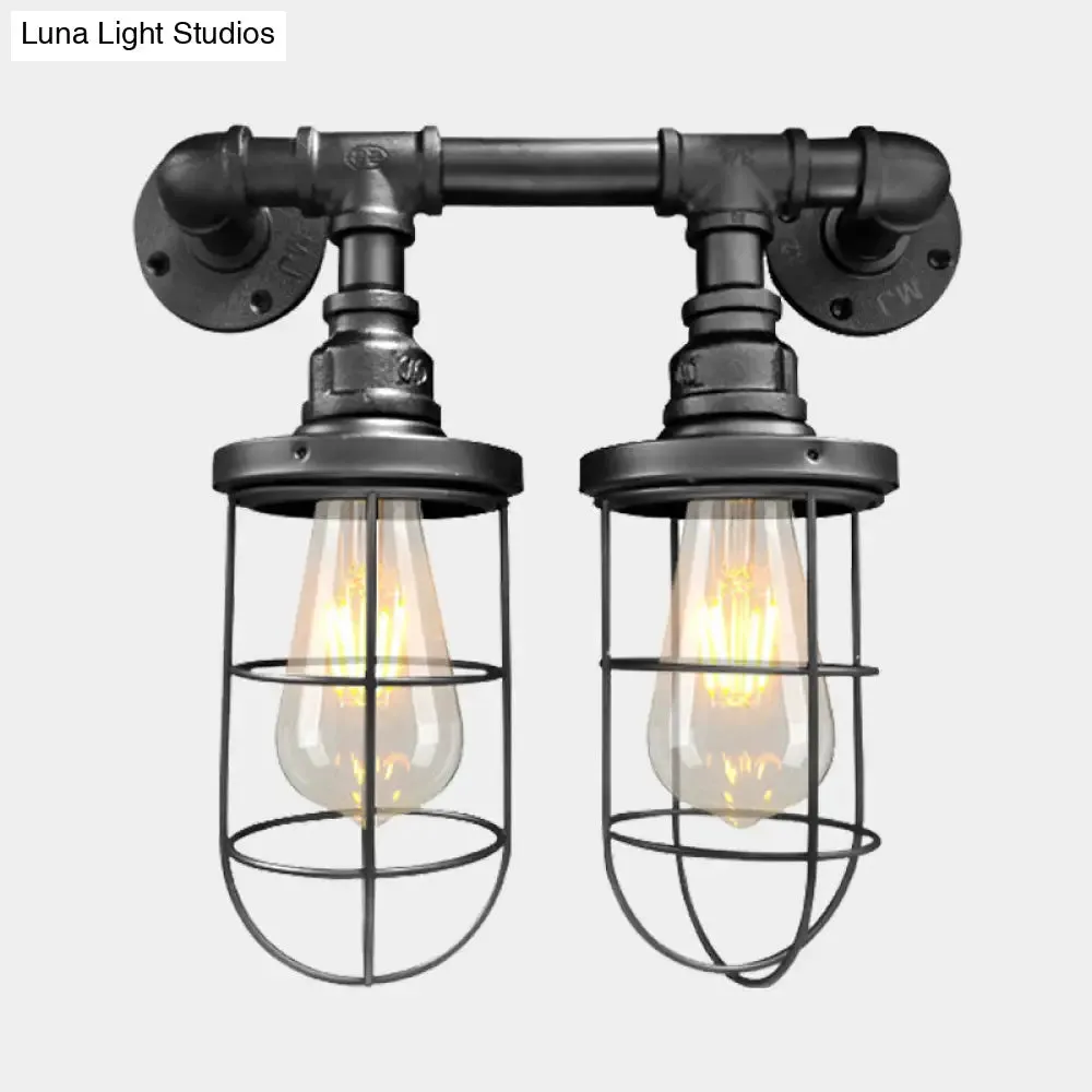 Farmhouse Wire Cage Sconce Light Fixture with 2 Bulbs - Coffee Shop Wall Mount Pipe Lamp in Black/Brass