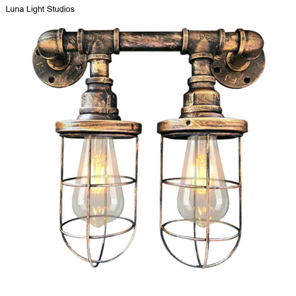 Farmhouse Wire Cage Sconce Light Fixture with 2 Bulbs - Coffee Shop Wall Mount Pipe Lamp in Black/Brass