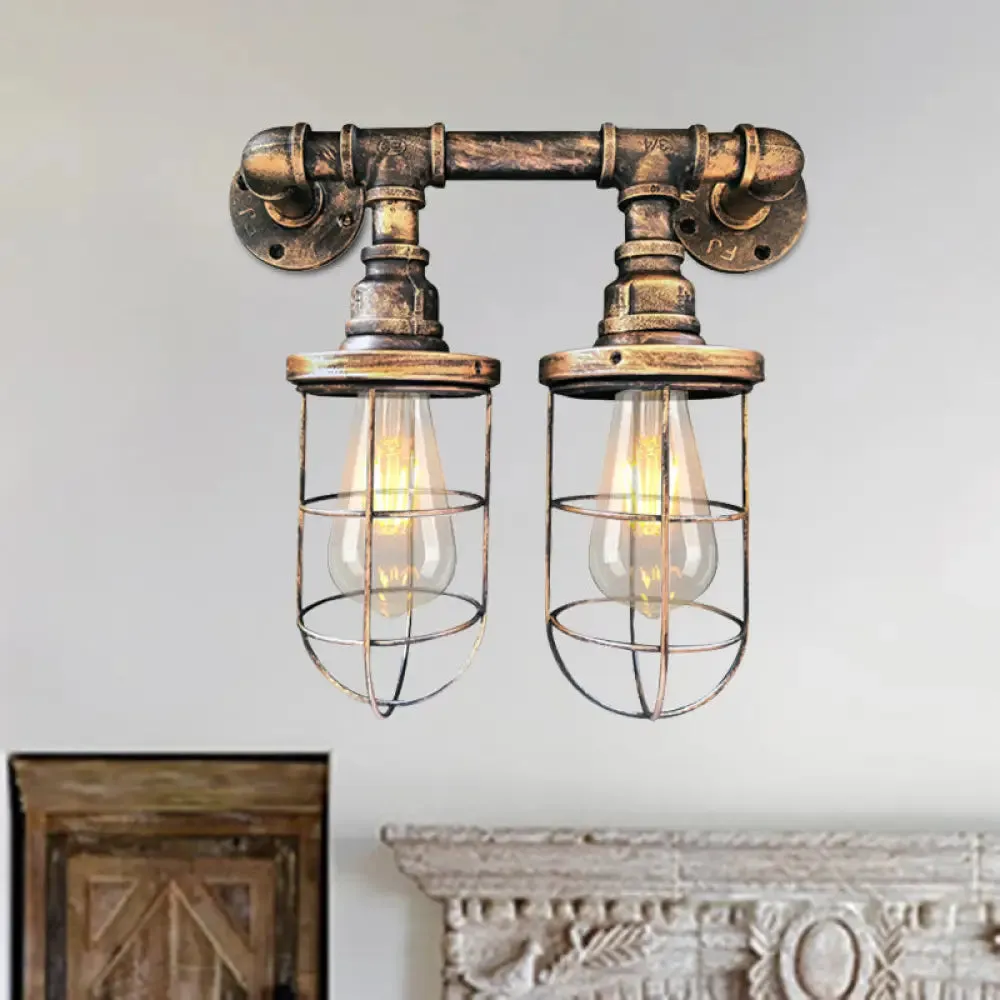 Farmhouse Wire Cage Sconce Light Fixture with 2 Bulbs - Coffee Shop Wall Mount Pipe Lamp in Black/Brass