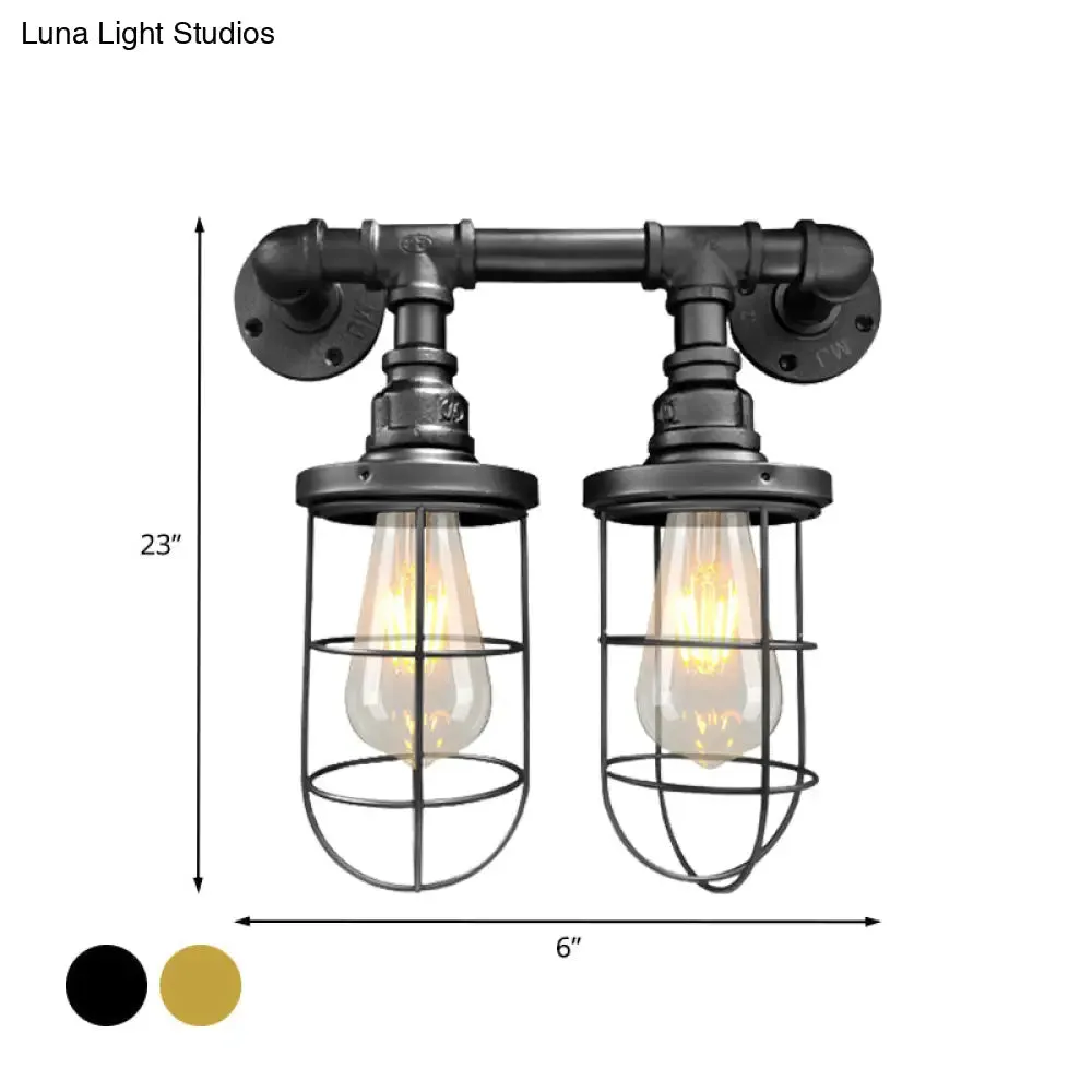 Farmhouse Wire Cage Sconce Light Fixture with 2 Bulbs - Coffee Shop Wall Mount Pipe Lamp in Black/Brass