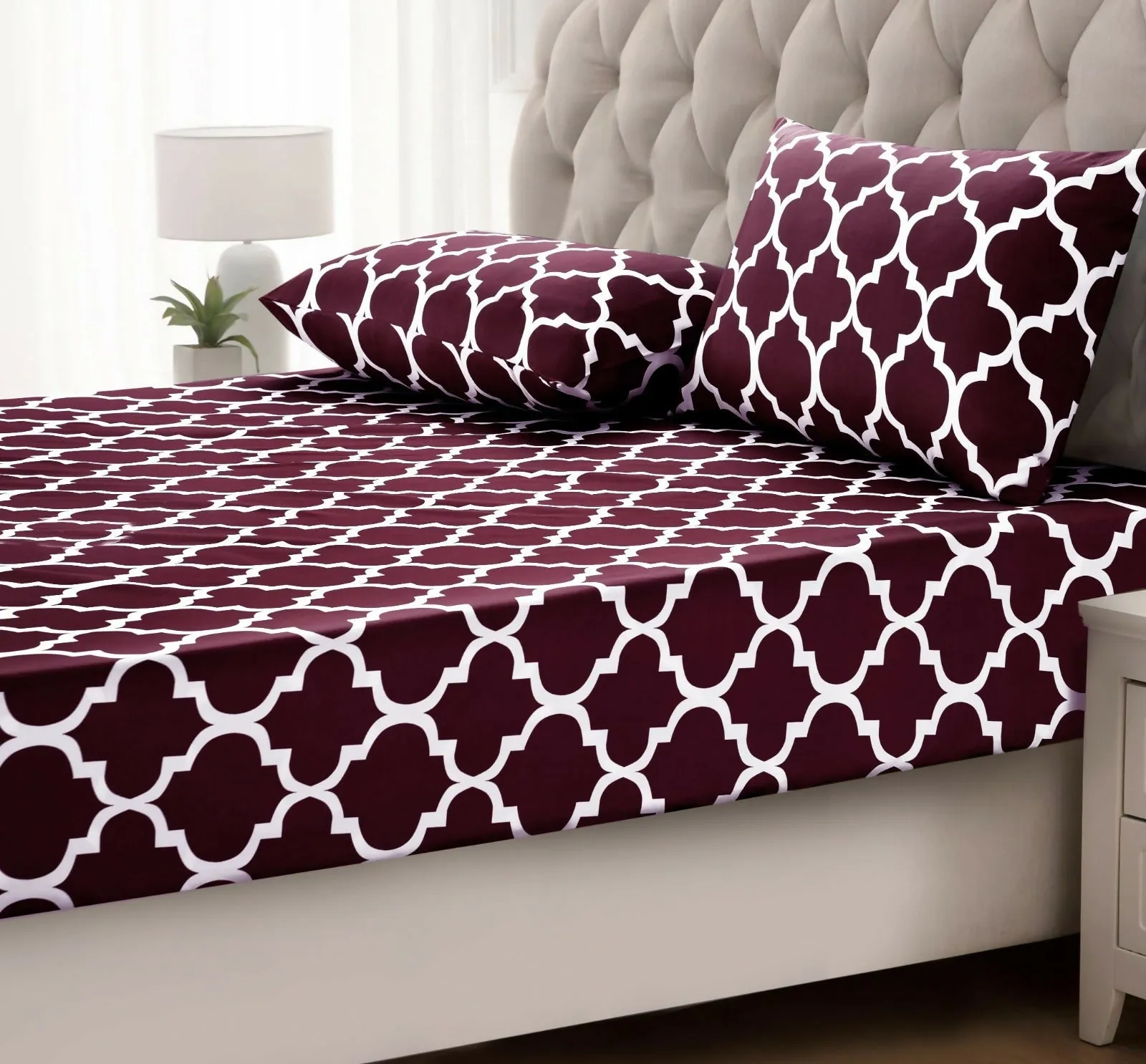 Fitted Bed Sheet-Plum Geometric