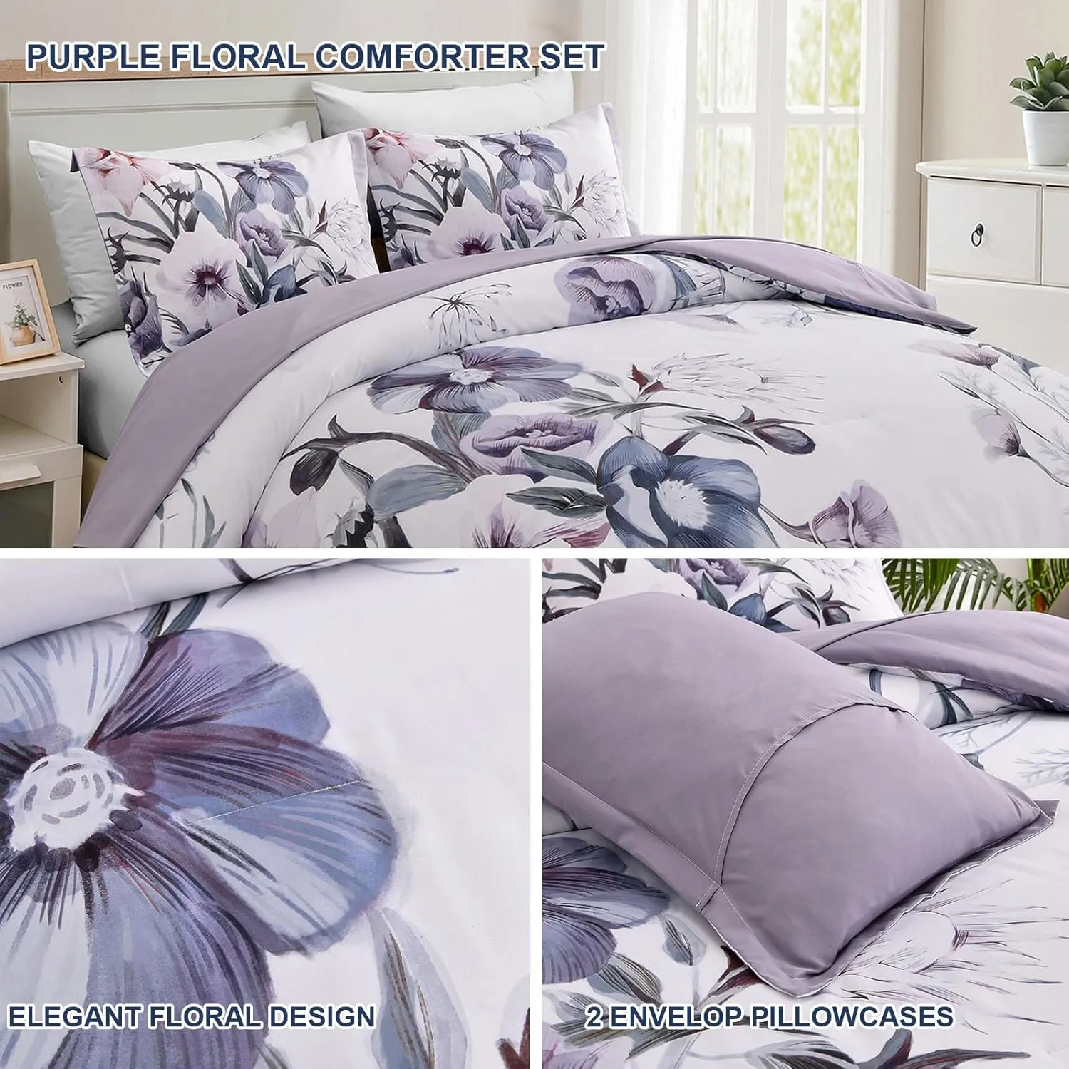 Floral Comforter Set, King Size, Purple Floral 3-Piece Bedding, Soft Microfiber for All Seasons