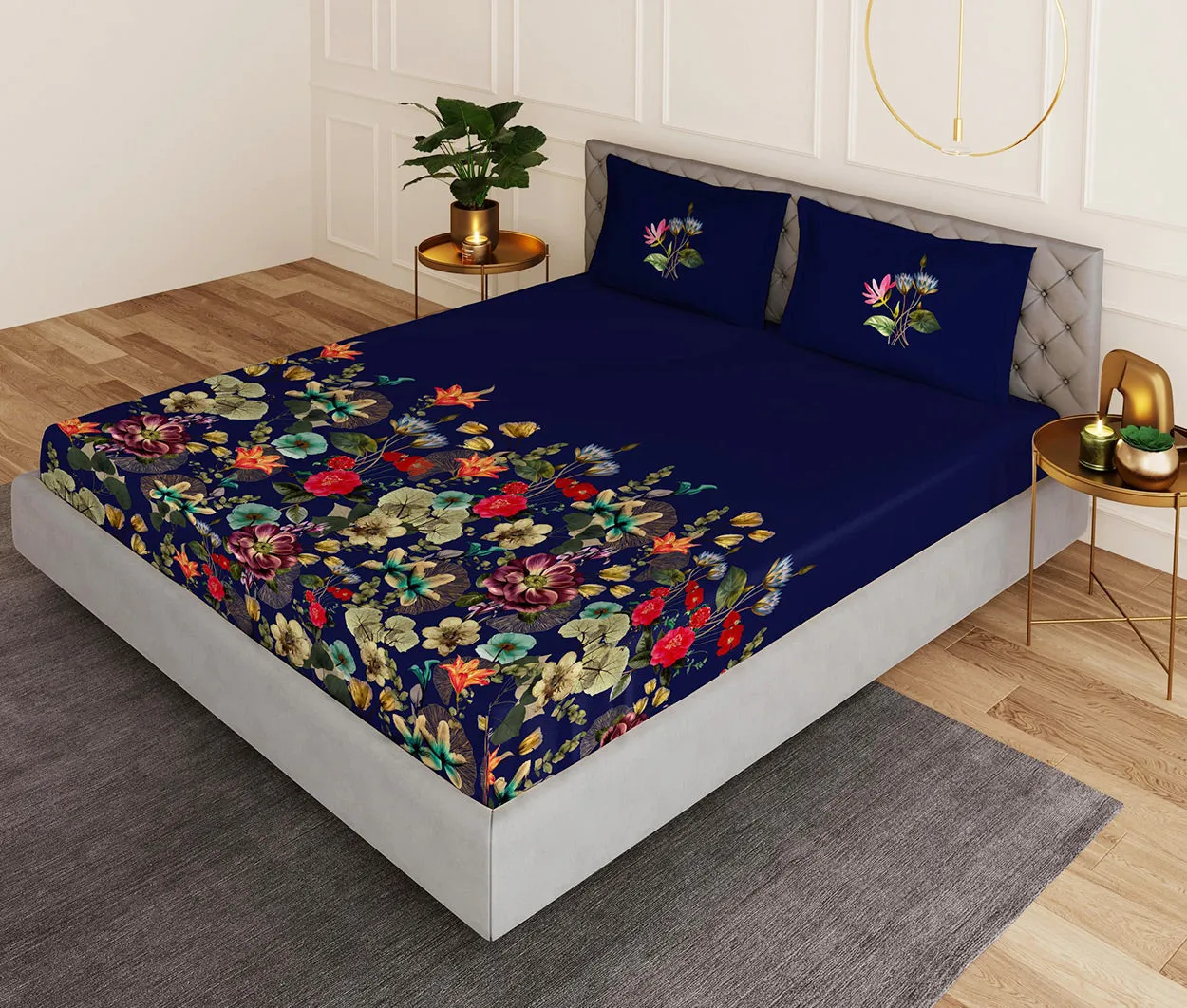 Florescence Blue Designer Antibacterial Cotton Bed Linen Set by Rohit Bal