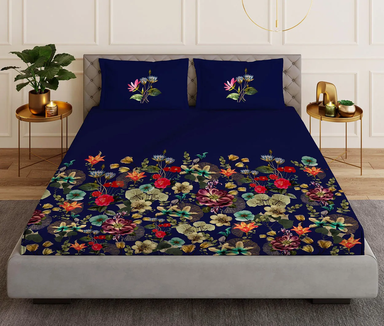 Florescence Blue Designer Antibacterial Cotton Bed Linen Set by Rohit Bal