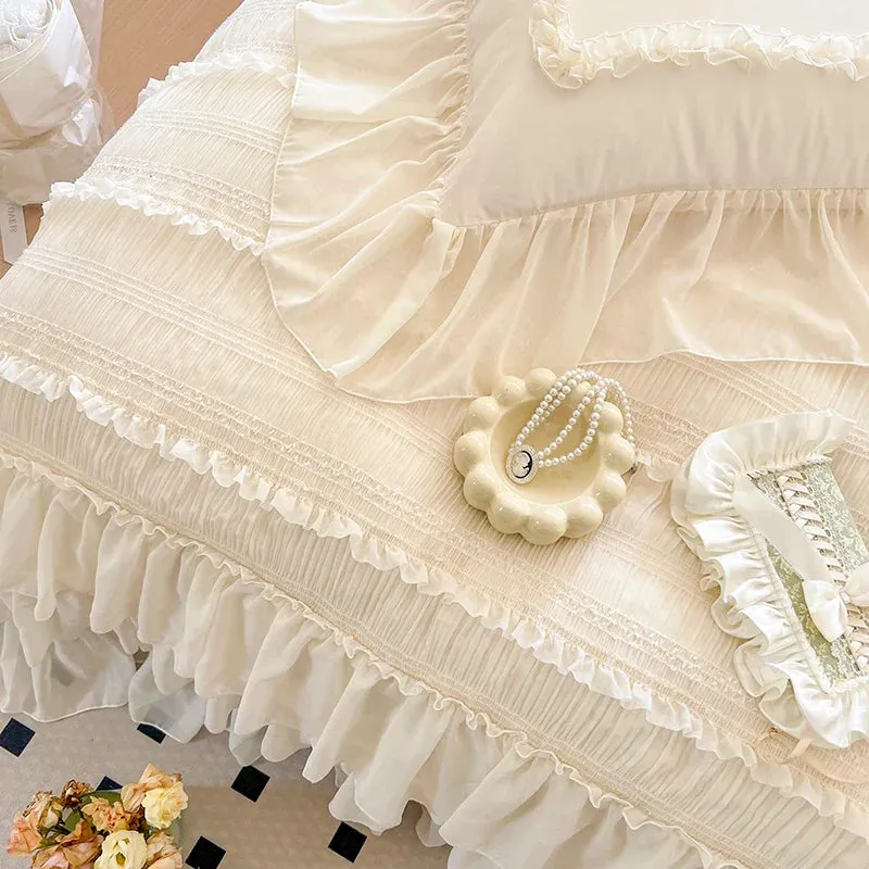 Flytonn-Romantic French Princess Wedding Bedding Set, 100% Cotton, Pleat Lace Ruffles Duvet Cover, Bed Skirt, Fitted Sheet, Pillowcases