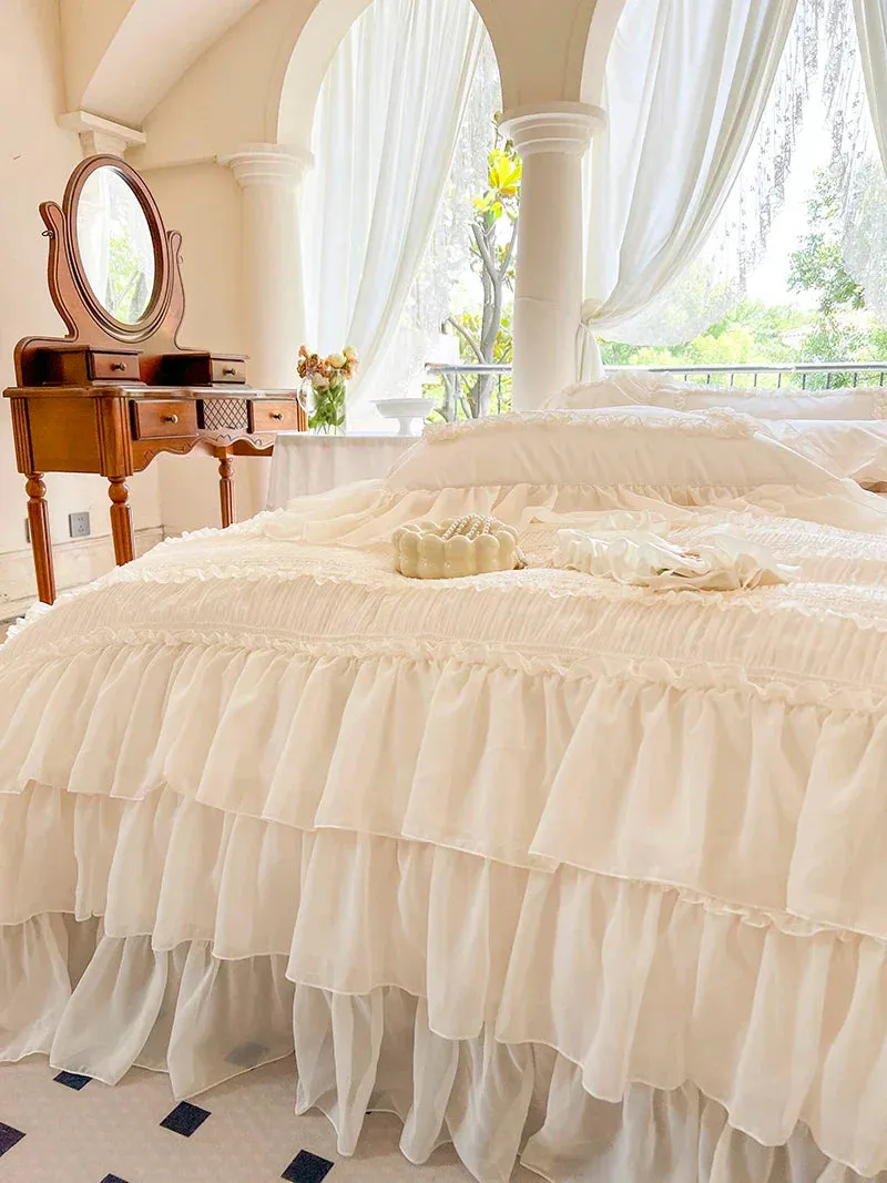 Flytonn-Romantic French Princess Wedding Bedding Set, 100% Cotton, Pleat Lace Ruffles Duvet Cover, Bed Skirt, Fitted Sheet, Pillowcases