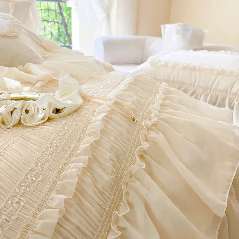 Flytonn-Romantic French Princess Wedding Bedding Set, 100% Cotton, Pleat Lace Ruffles Duvet Cover, Bed Skirt, Fitted Sheet, Pillowcases