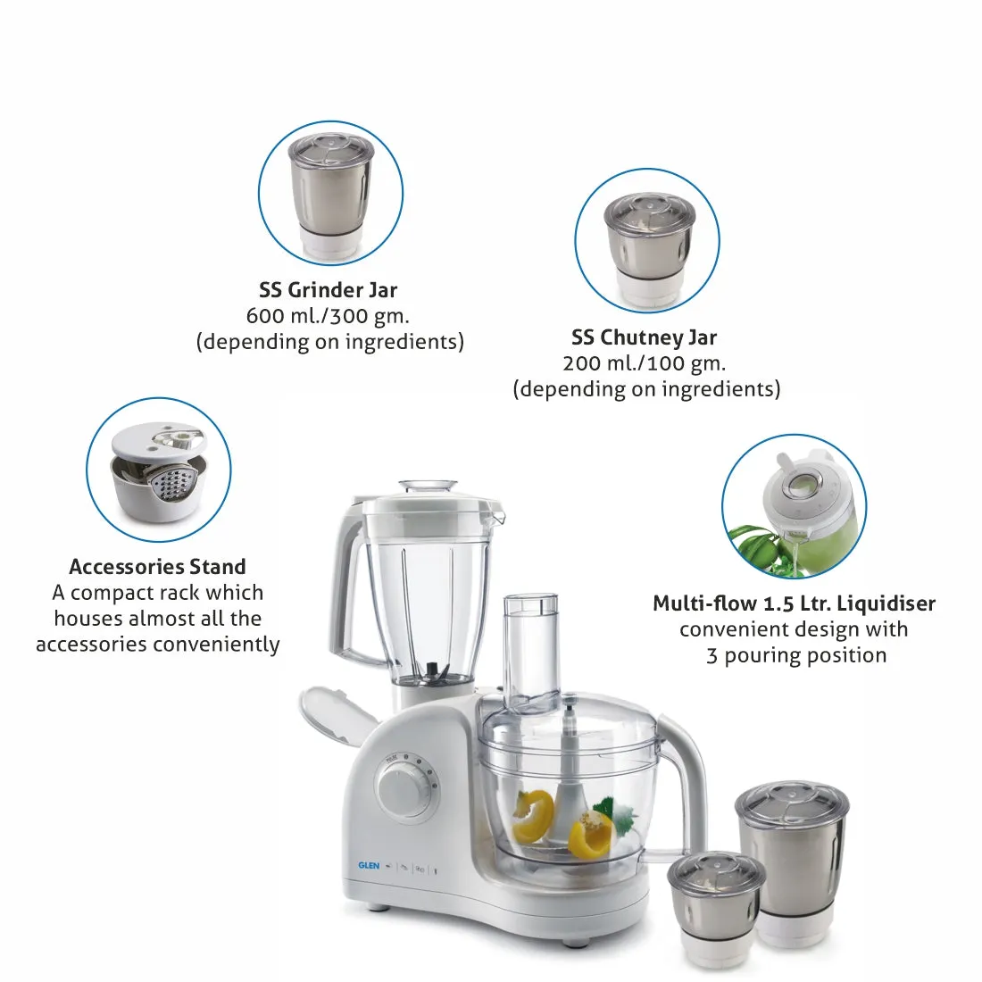 Food Processor Kitchen Machine 700W 3 Jars, Centrifugal and Citrus Juicer 4 SS Disc Blades -White (4052FP)