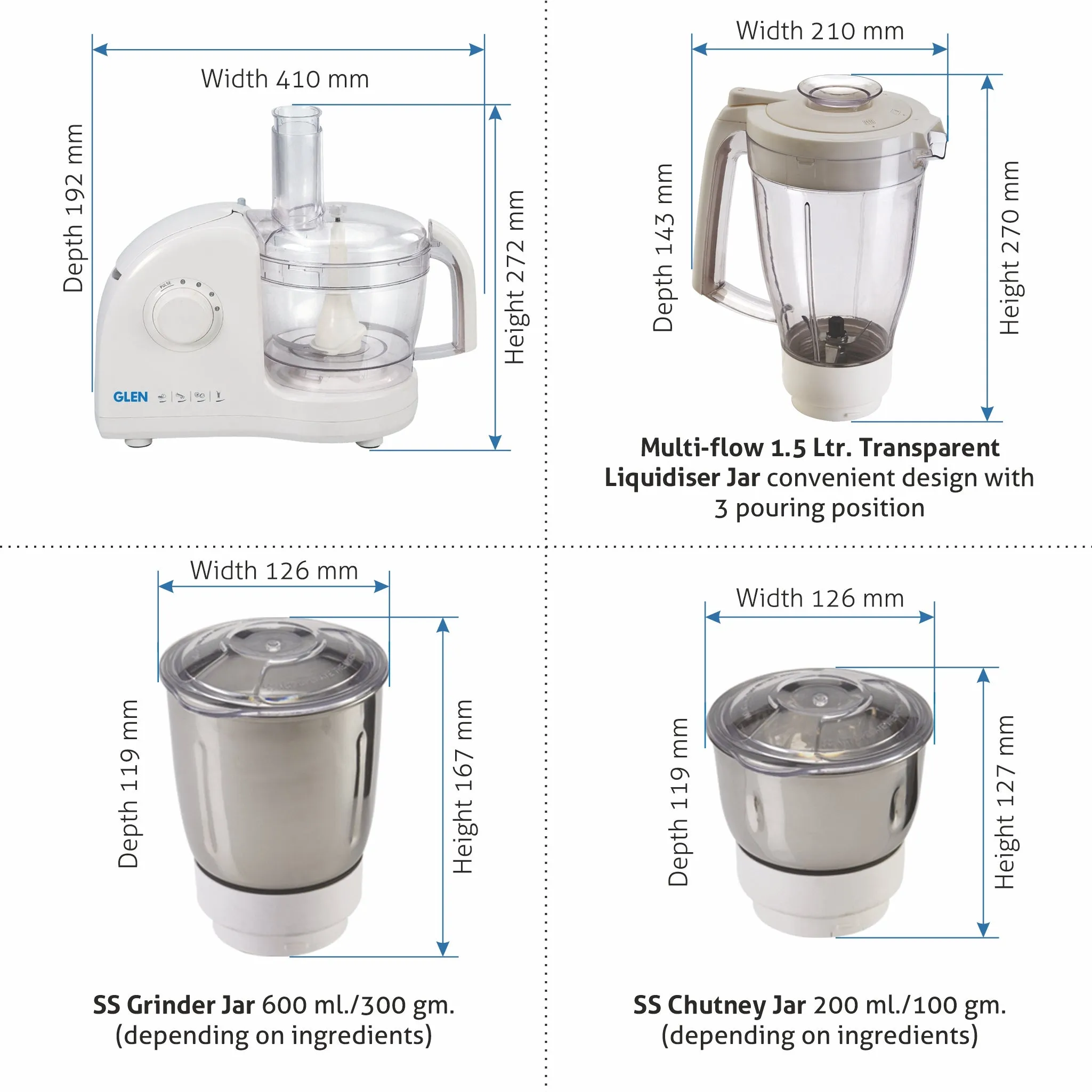 Food Processor Kitchen Machine 700W 3 Jars, Centrifugal and Citrus Juicer 4 SS Disc Blades -White (4052FP)