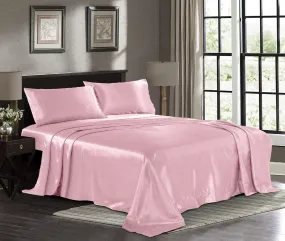 Fresh Linen Ultra Soft Silky Satin Bed Sheet Set with Pillowcase, Full, Pink