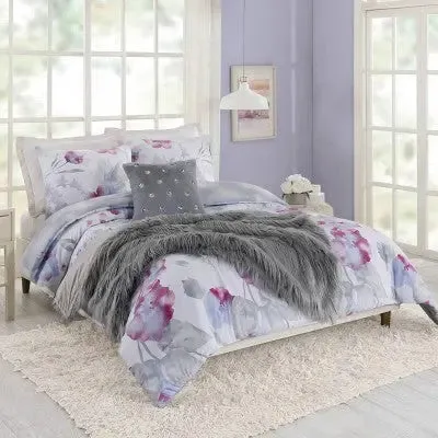 Full/Queen Teen Modern Luxe Floral Comforter Set Pink/Gray/Blue - Makers