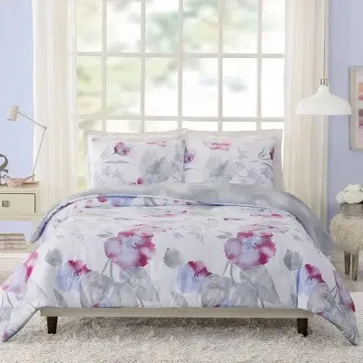 Full/Queen Teen Modern Luxe Floral Comforter Set Pink/Gray/Blue - Makers