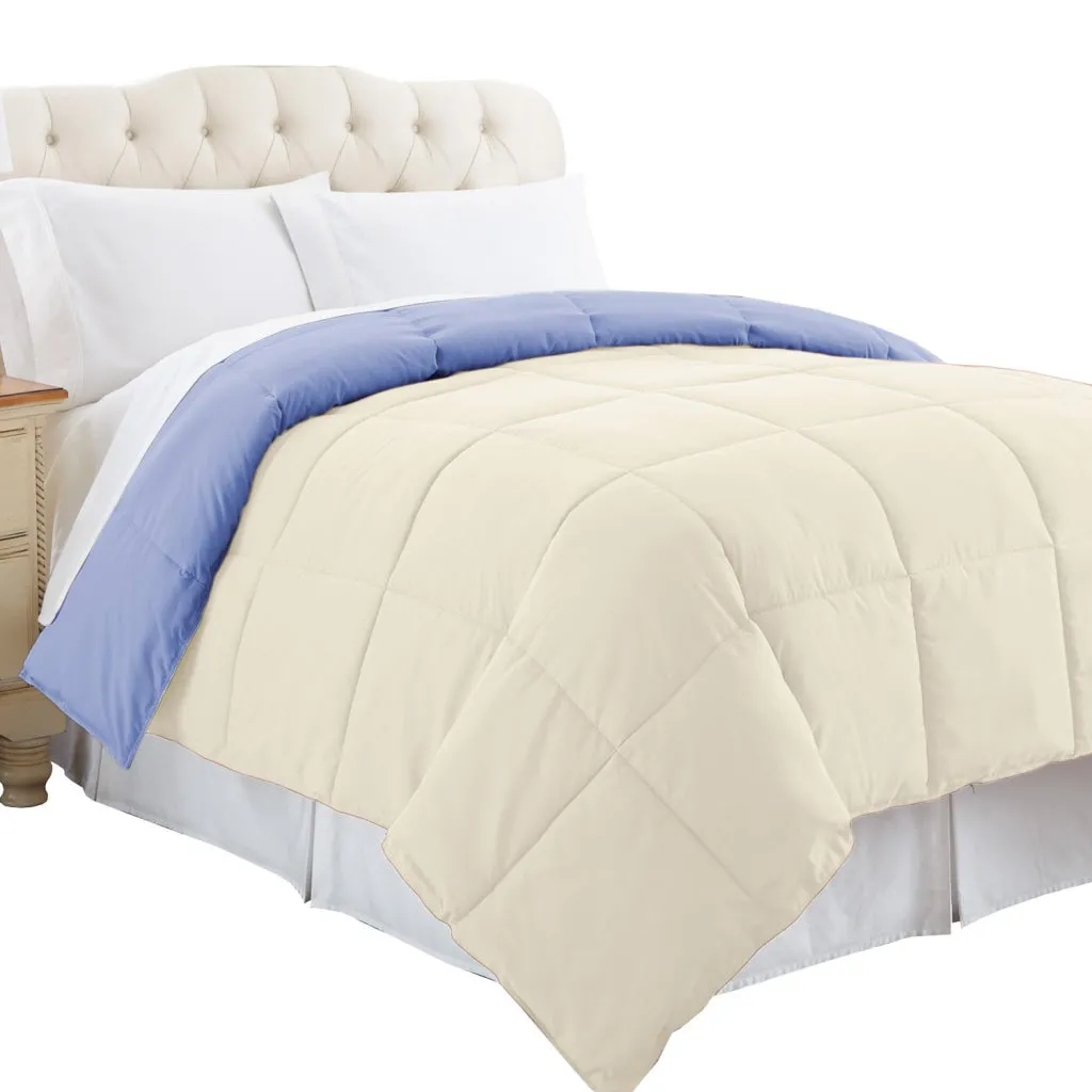 Genoa King Size Box Quilted Reversible Comforter By Casagear Home, Blue and Cream