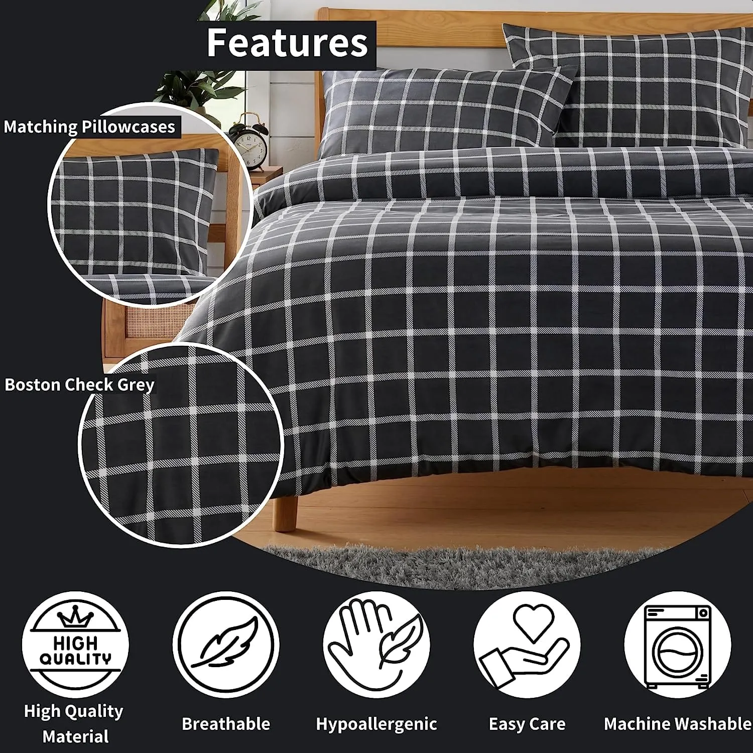 Grey Check Reversible Duvet Cover Set Soft Breathable Durable Polyester Bedding Single Double King by OLIVIA ROCCO