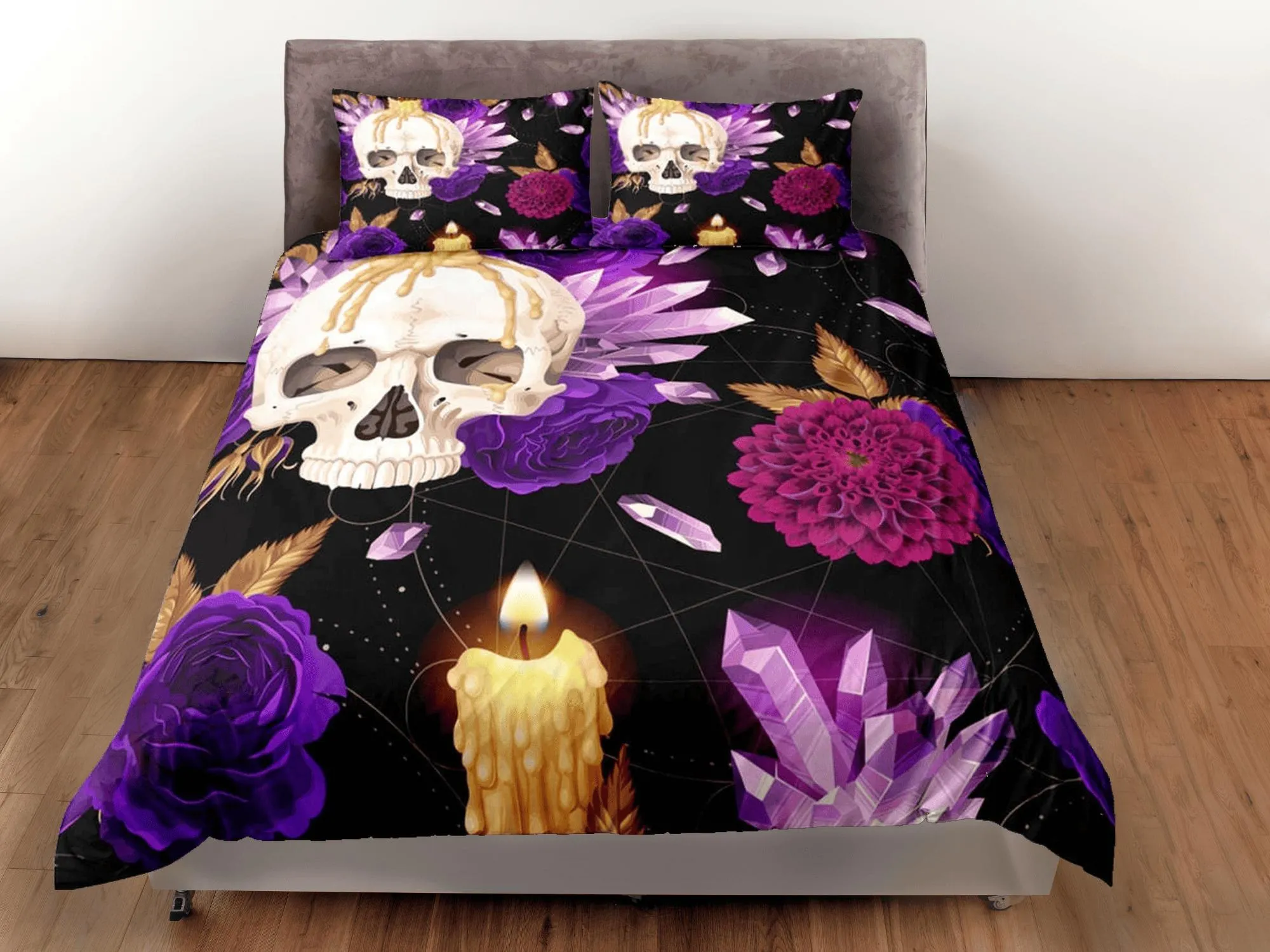 Halloween Bedding Skull and Roses Black Duvet Cover Set Purple Gothic Bedspread Dorm Bedding Pillowcase Comforter Cover, Halloween Gift