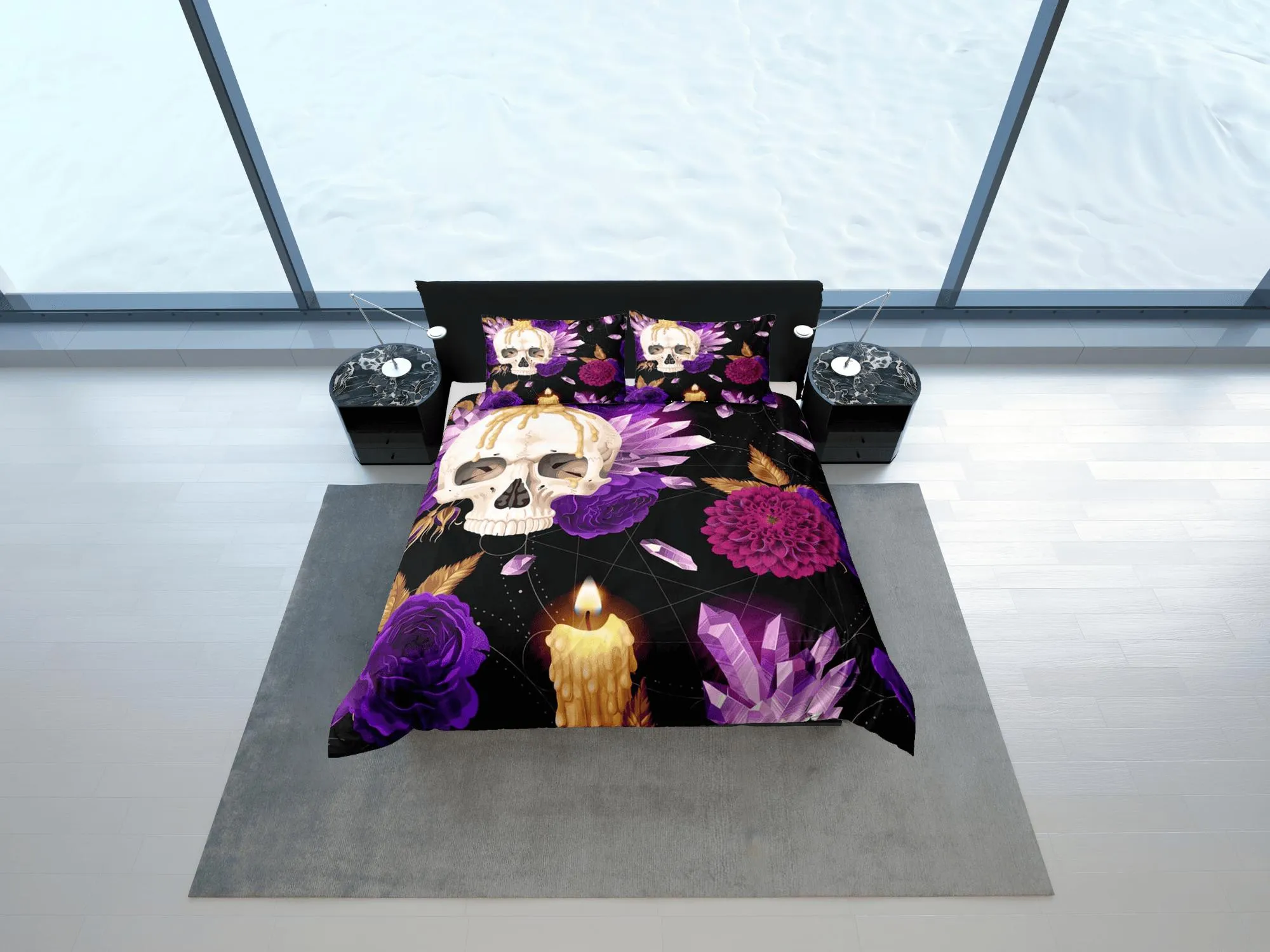 Halloween Bedding Skull and Roses Black Duvet Cover Set Purple Gothic Bedspread Dorm Bedding Pillowcase Comforter Cover, Halloween Gift