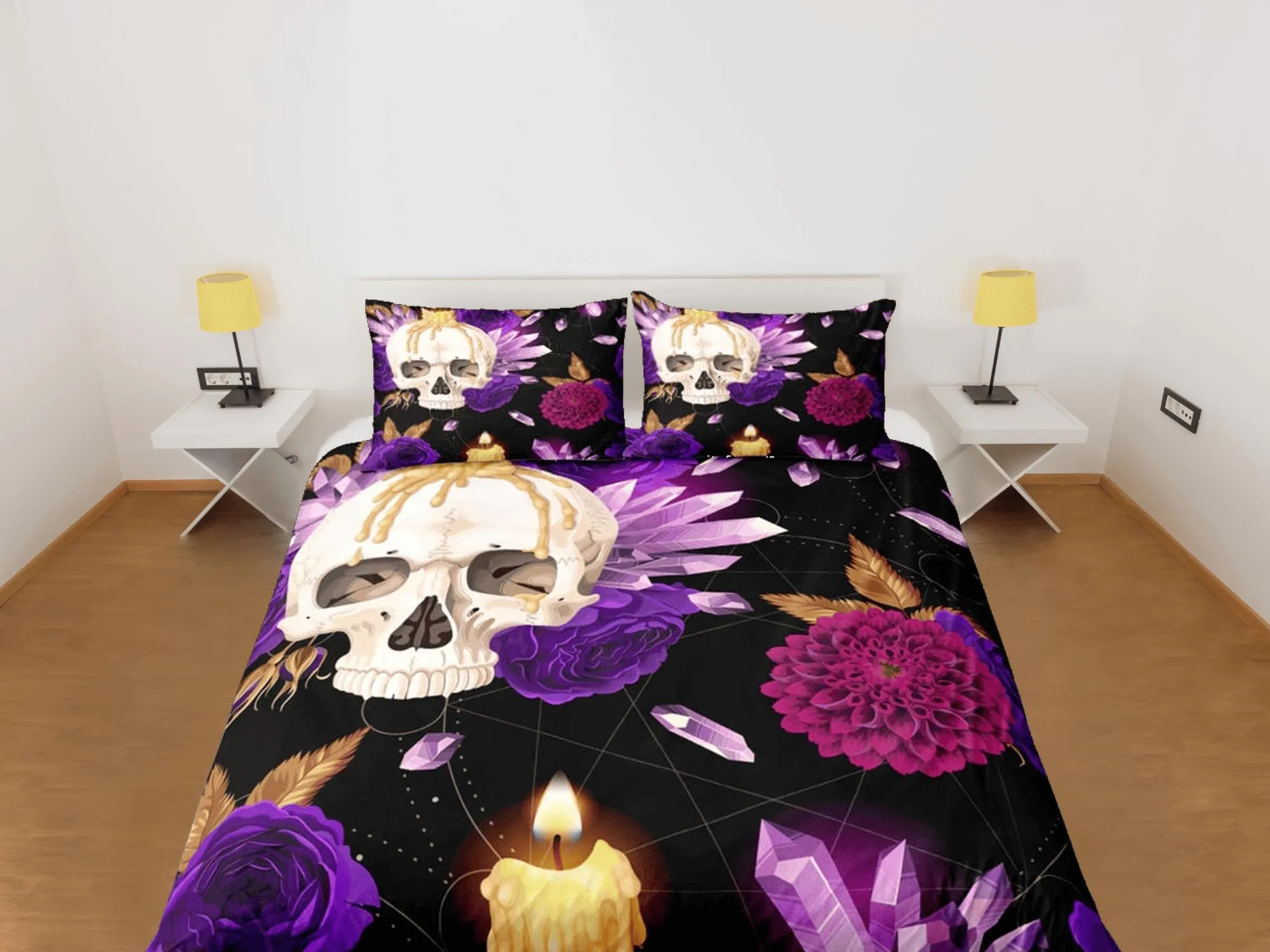 Halloween Bedding Skull and Roses Black Duvet Cover Set Purple Gothic Bedspread Dorm Bedding Pillowcase Comforter Cover, Halloween Gift