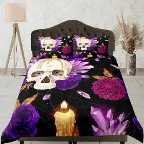 Halloween Bedding Skull and Roses Black Duvet Cover Set Purple Gothic Bedspread Dorm Bedding Pillowcase Comforter Cover, Halloween Gift