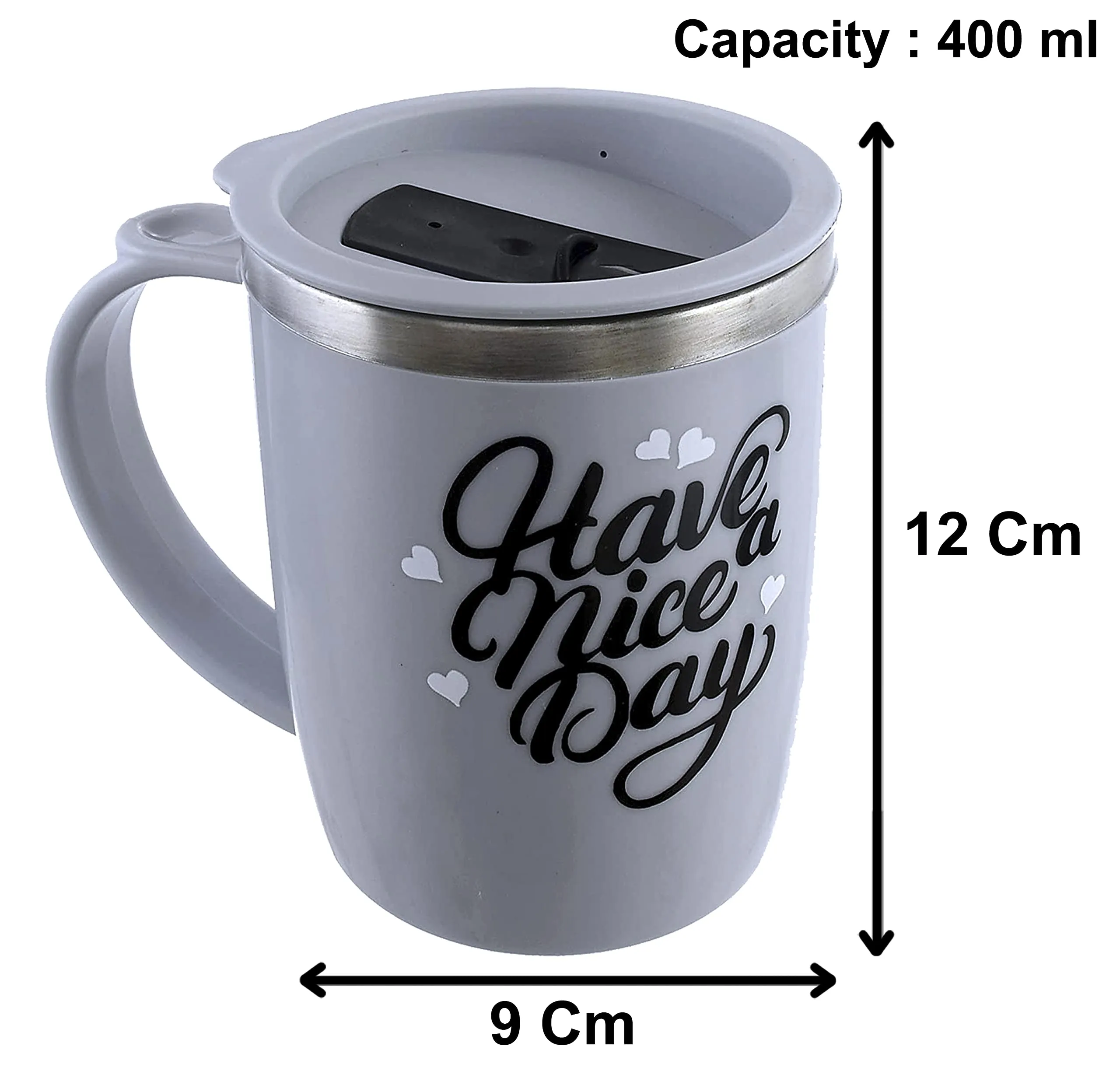 Heart Home Double Wall Vacuum Insulated Food Grade BPA Free Plastic Coffee Mug with Lid, Pack of 2 (Grey)