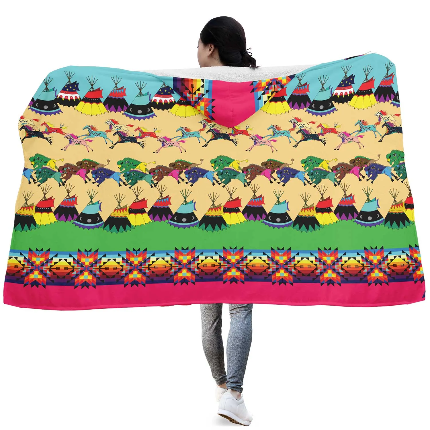 Horses and Buffalo Ledger Pink Hooded Blanket