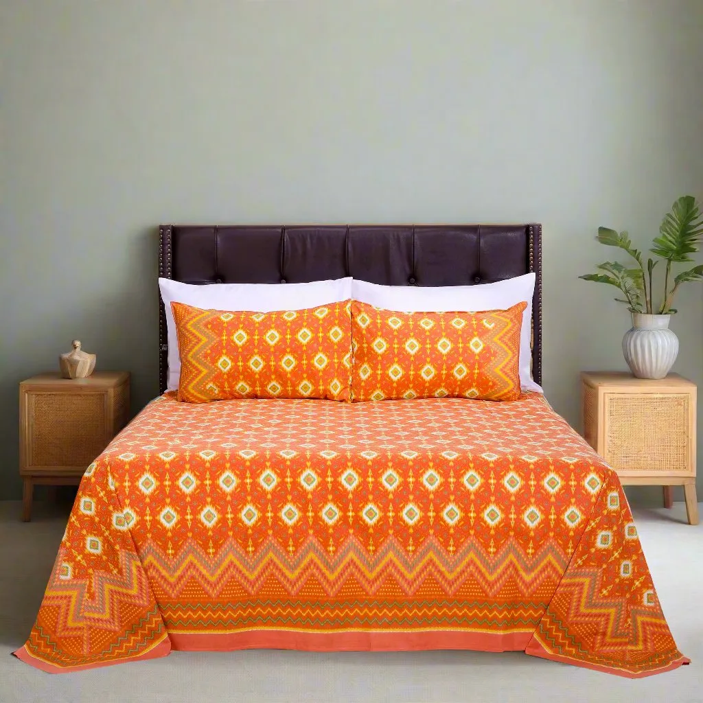 Ikkat Beera Orange Cotton Bedsheet