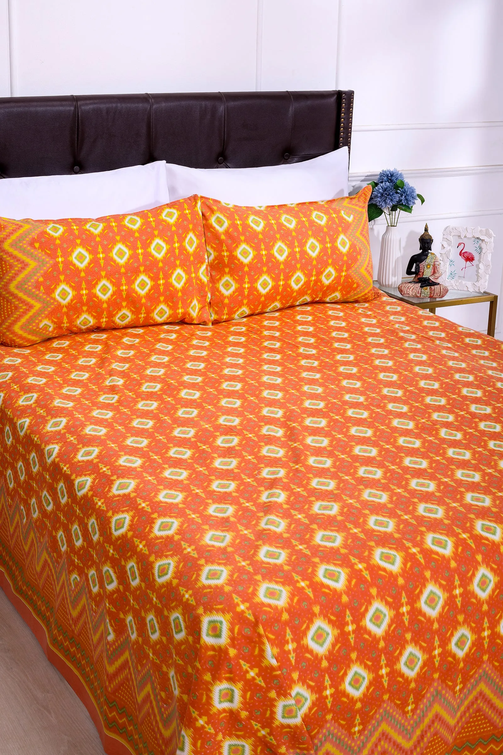 Ikkat Beera Orange Cotton Bedsheet