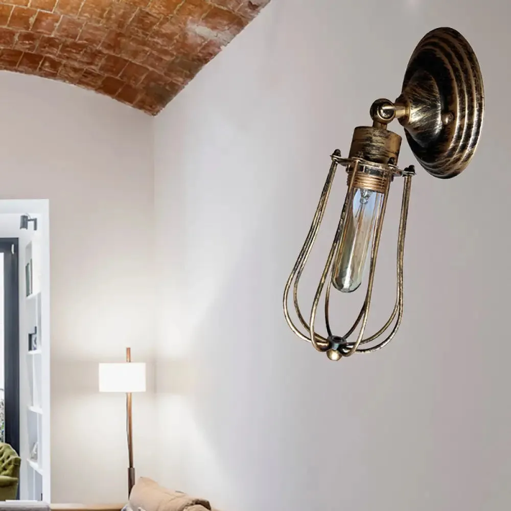 Industrial Aged Brass Wall Sconce with Wire Guard and Bulb Shade for Restaurants