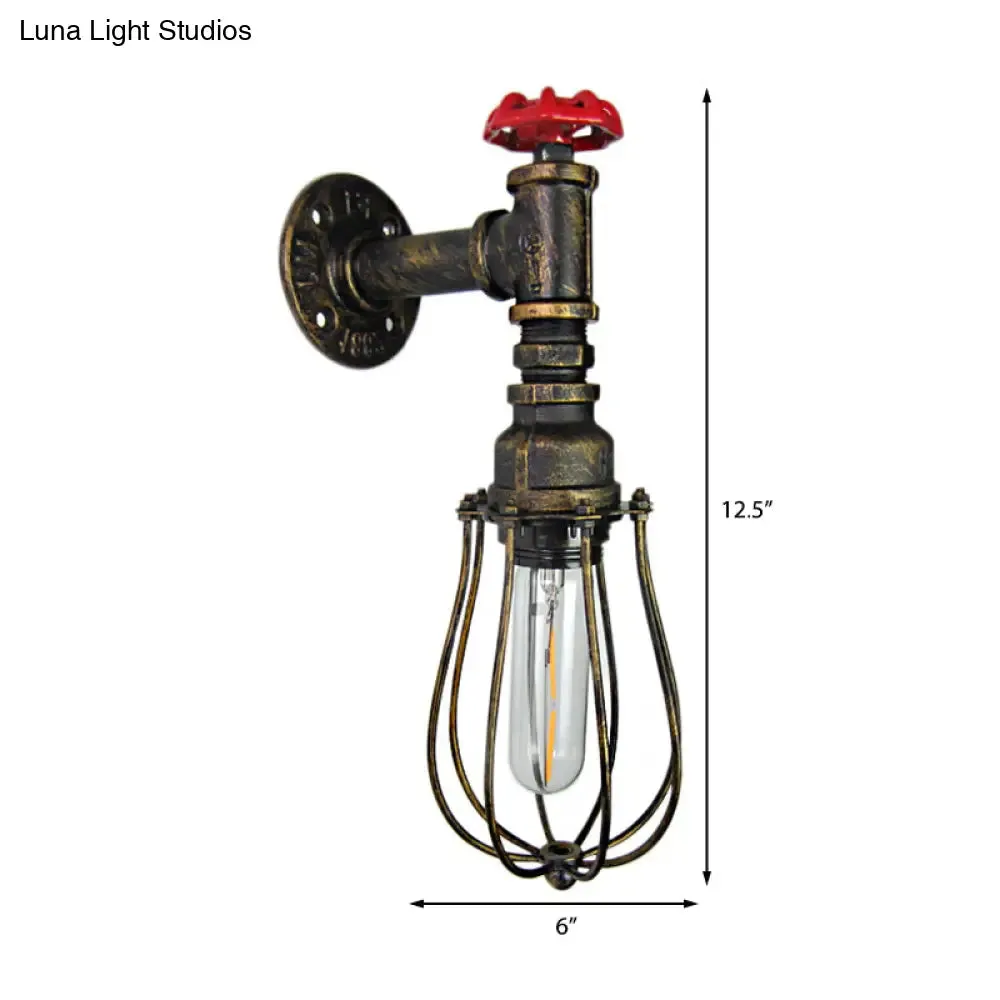 Industrial Antique Brass Iron Wall Lamp with Wire Guard and Red Valve Wall Mount Light