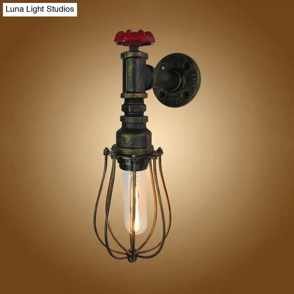 Industrial Antique Brass Iron Wall Lamp with Wire Guard and Red Valve Wall Mount Light