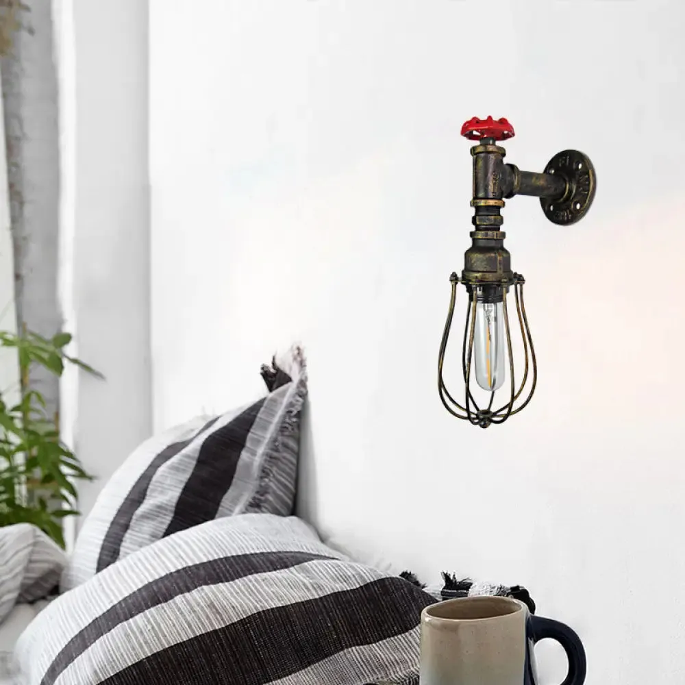 Industrial Antique Brass Iron Wall Lamp with Wire Guard and Red Valve Wall Mount Light