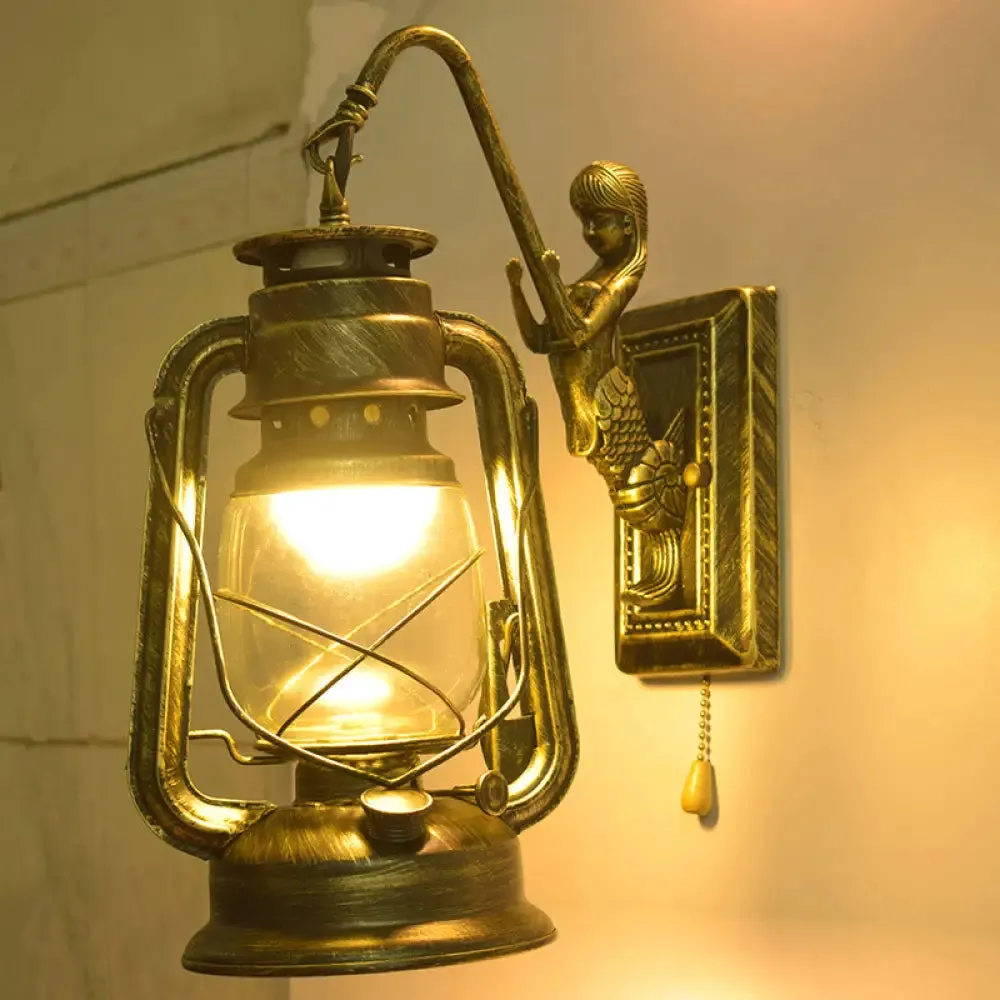 Industrial Kerosene Wall Lamp with Clear Glass and Mermaid Arm Pull Chain Sconce