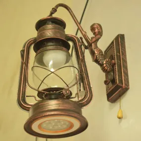 Industrial Kerosene Wall Lamp with Clear Glass and Mermaid Arm Pull Chain Sconce