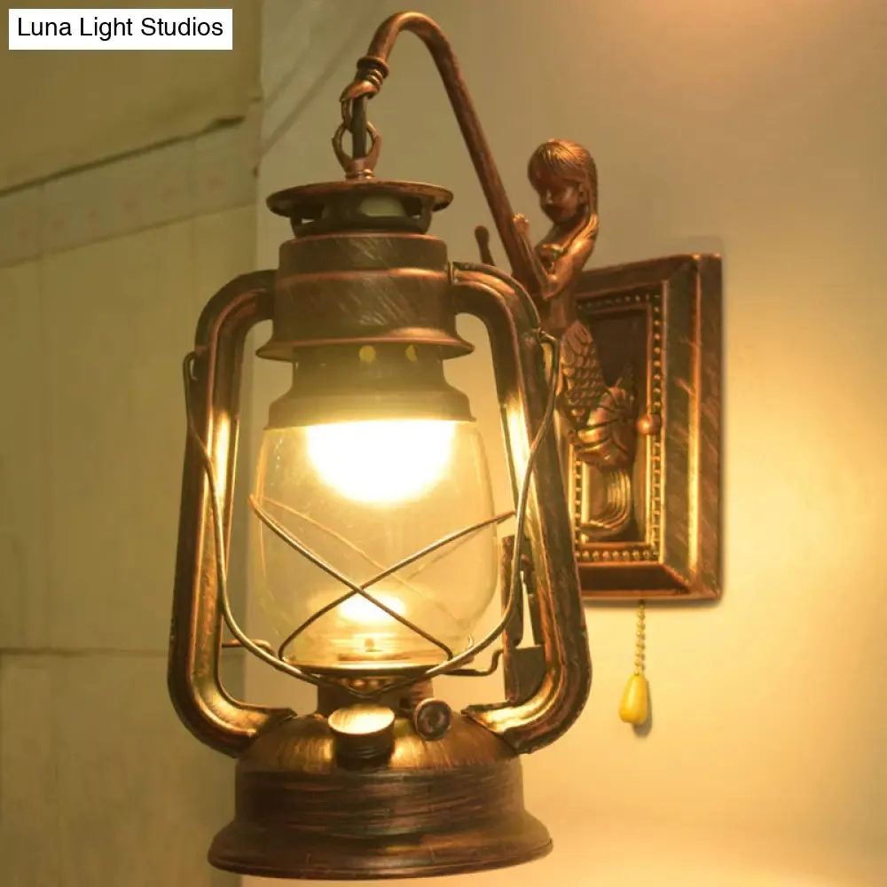 Industrial Kerosene Wall Lamp with Clear Glass and Mermaid Arm Pull Chain Sconce