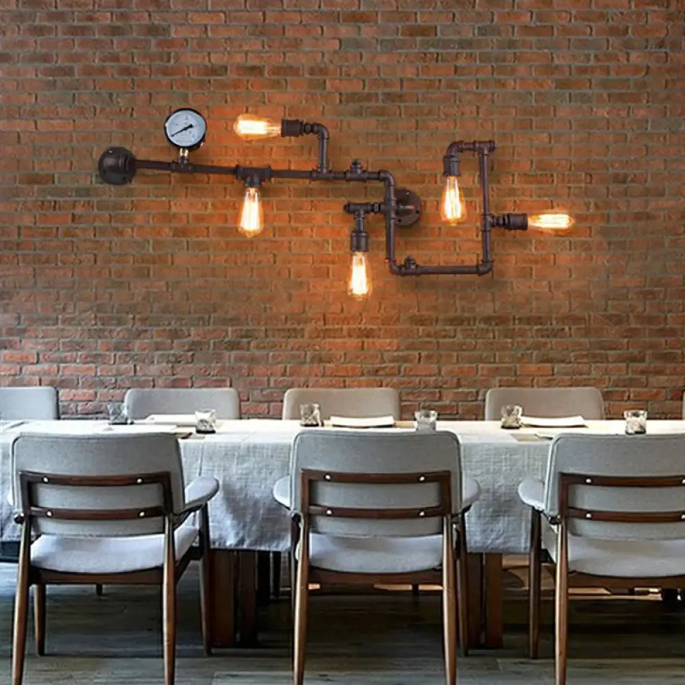 Industrial Metal Wall Lamp with 5 Lights and Water Gauge Deco - Perfect for Piping Restaurant Décor