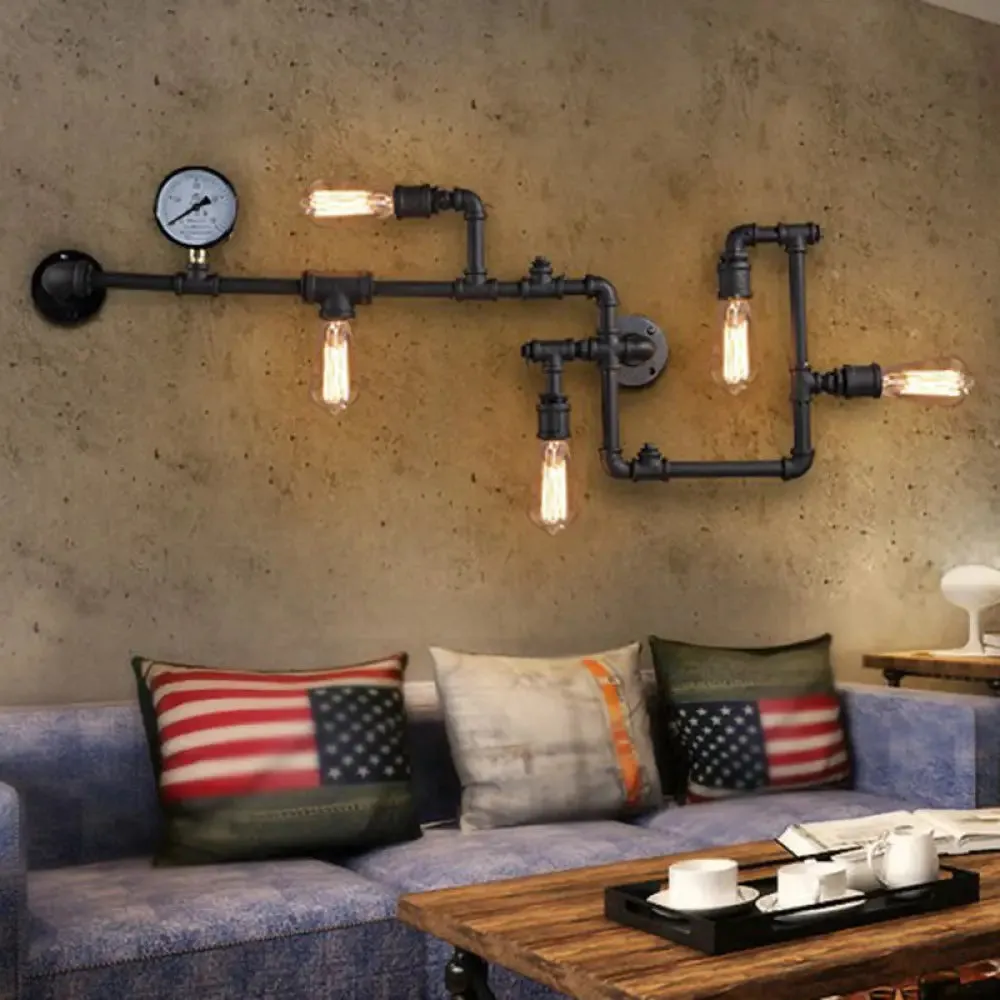 Industrial Metal Wall Lamp with 5 Lights and Water Gauge Deco - Perfect for Piping Restaurant Décor