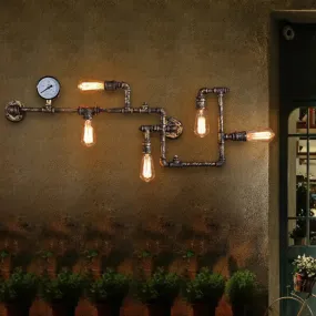 Industrial Metal Wall Lamp with 5 Lights and Water Gauge Deco - Perfect for Piping Restaurant Décor