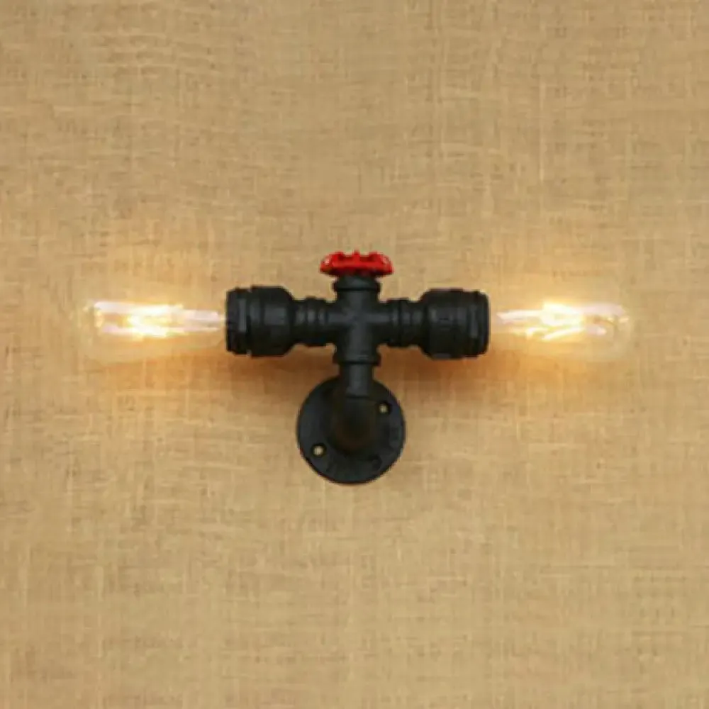 Industrial Style Matte Black Water Pipe Wall Light with 2 Bulbs - Bedroom Lighting