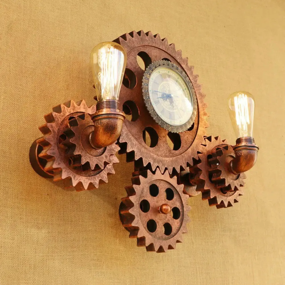 Industrial Style Rustic Wrought Iron Wall Sconce with Exposed Bulbs and Gear Decoration